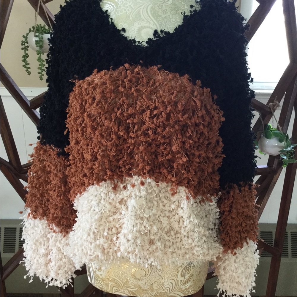 Striped fuzzy V neck sweater